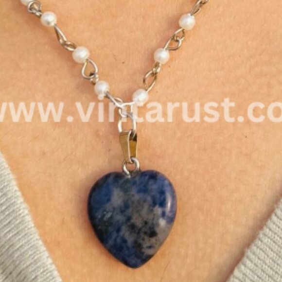 Beaded Chain Necklace With Blue Rhodonite Stone Heart Shape Pendant, Handmade - Picture 3 of 14